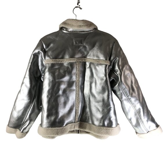 A New Day Metallic Faux Leather Silver Faux Fur Sherpa Lined Jacket Size XS - Picture 4 of 7